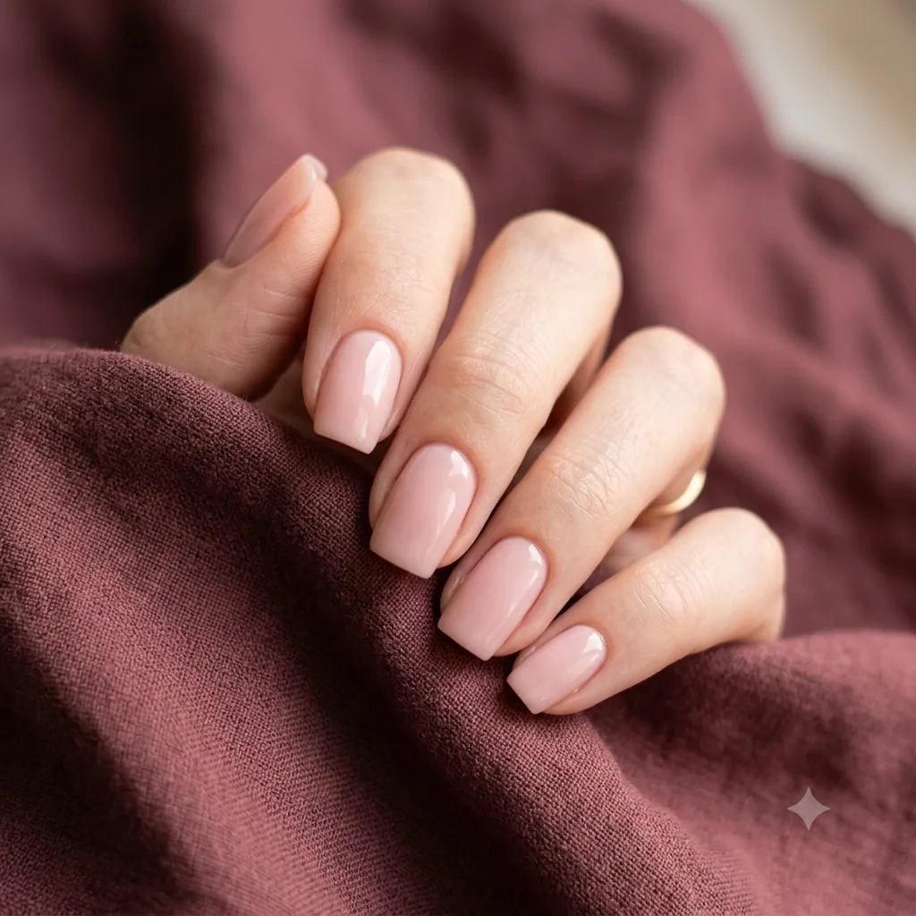 Verzorgde nagels met zachte roze gellak, op bordeauxrood linnen